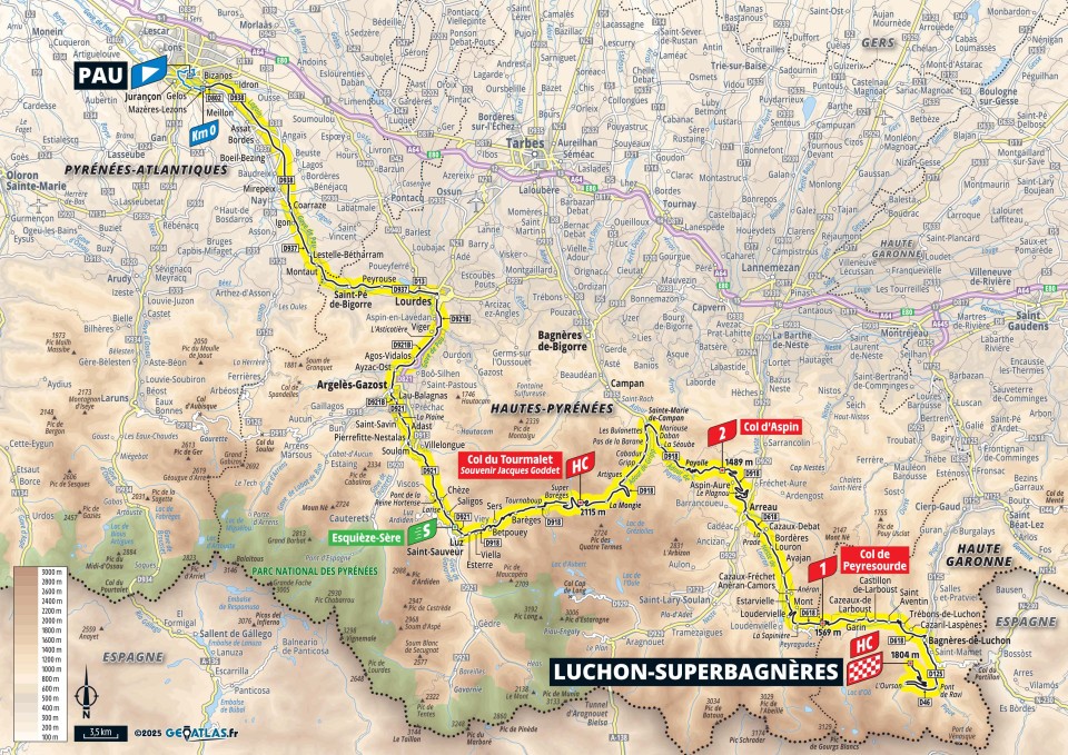 Planimetria Stage 14 Pau - Luchon Superbagnères (186,2 km)